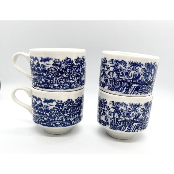 Vtg Churchill England Cups Mill Dam Blue Set of 4 Willow HTF Pattern - Picture 1 of 5